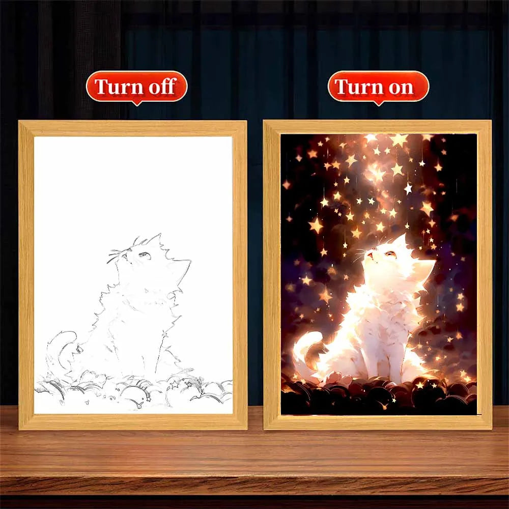 Cute Cat LED Light Painting With Frame Luminous Painting Three Color Dimming