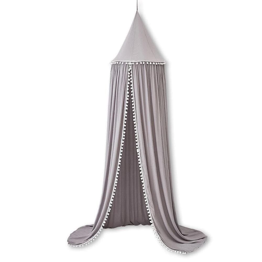 Cotton Bed Canopy with Pom Pom for Kids Room Hanging Nook Castle Tent Nursery Play Decor for Baby
