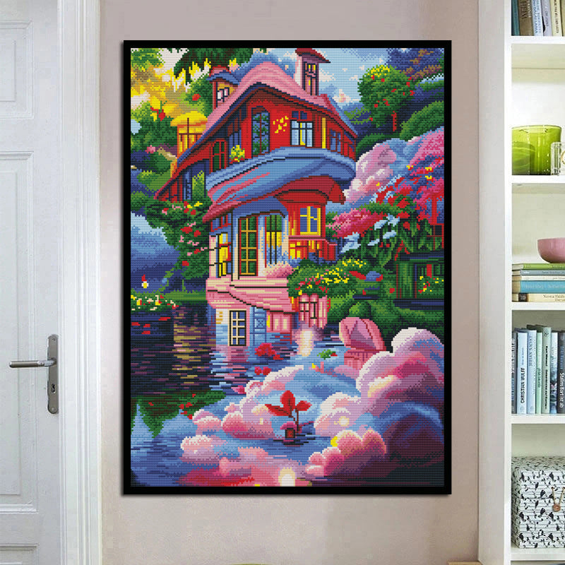 53x70cm Pink Dream House Cross Stitch Kits 11CT Stamped Full Range of Embroidery Starter Kit for Beginners Pre-Printed Pattern