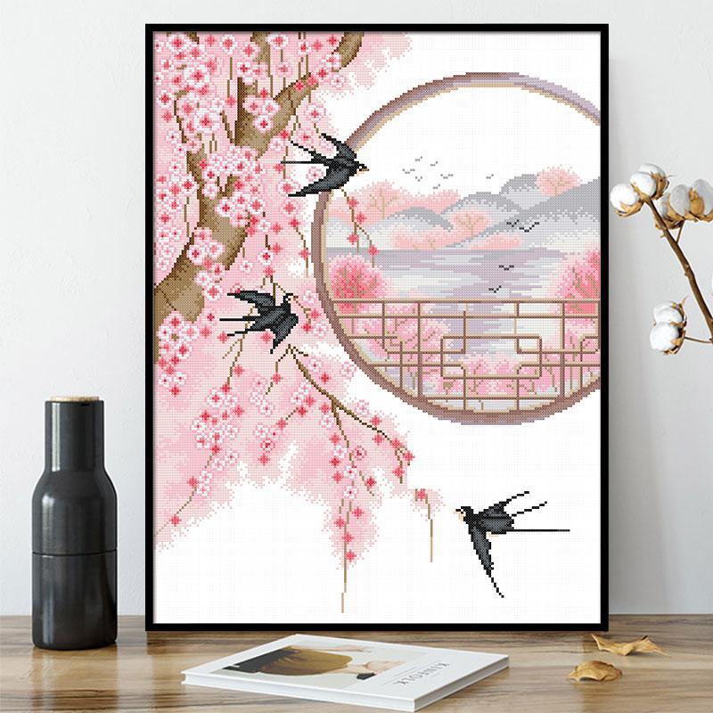 150x63cm Peach blossom swallow Cross Stitch Kits 9CT Stamped Full Range of Embroidery Starter Kit for Beginners Pre-Printed Pattern