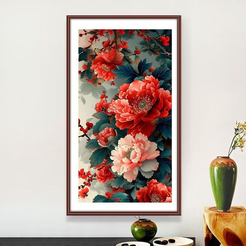 50X90CM-Red Peony Flower 3 strands 11CT Stamped Cross Stitch Full Range of Embroidery Starter Kit for Beginners Pre-Printed Patterns