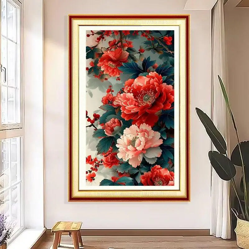 50X90CM-Red Peony Flower 3 strands 11CT Stamped Cross Stitch Full Range of Embroidery Starter Kit for Beginners Pre-Printed Patterns