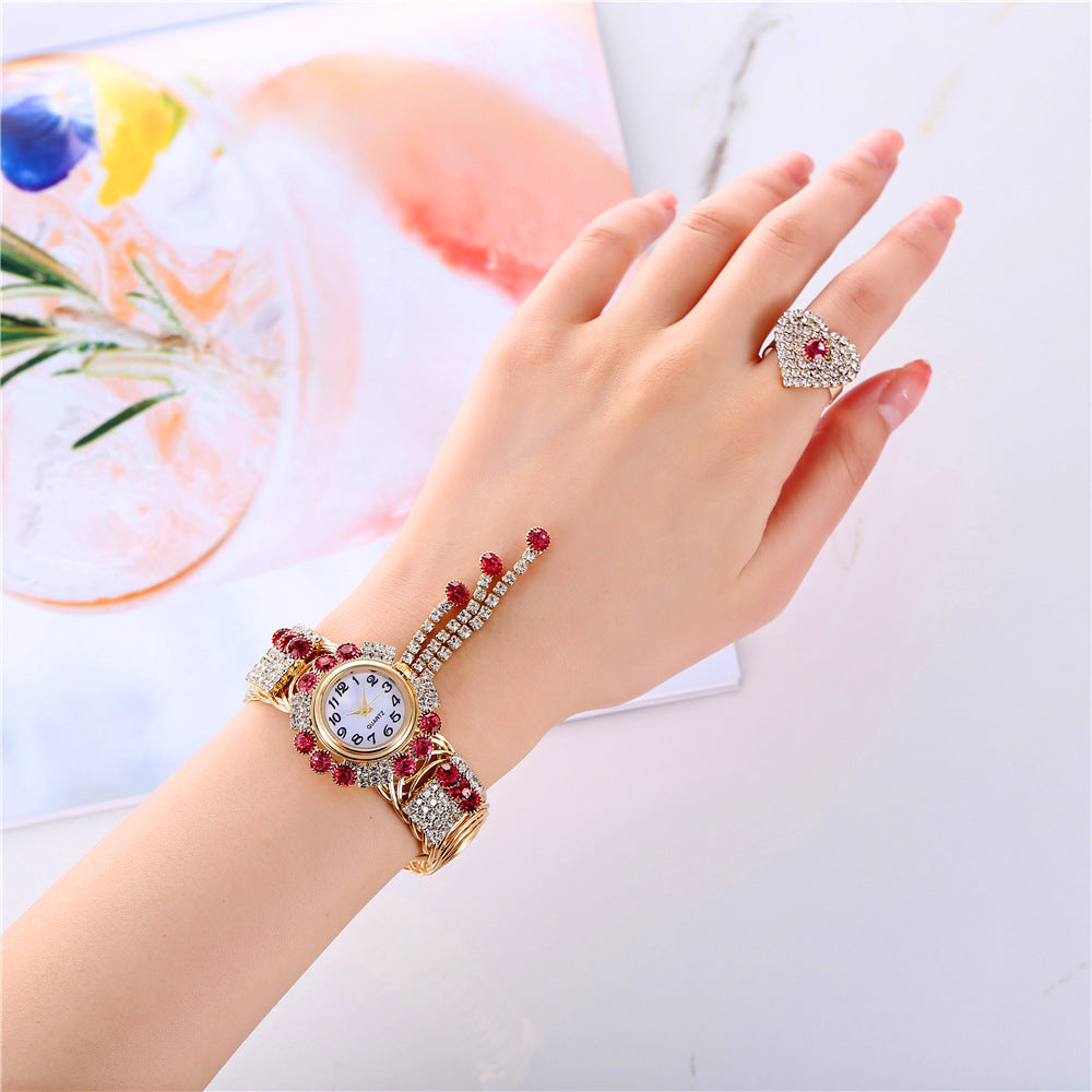 Luxury Women Wrist Watch Fashion Rhinestone Watches with Ring Set