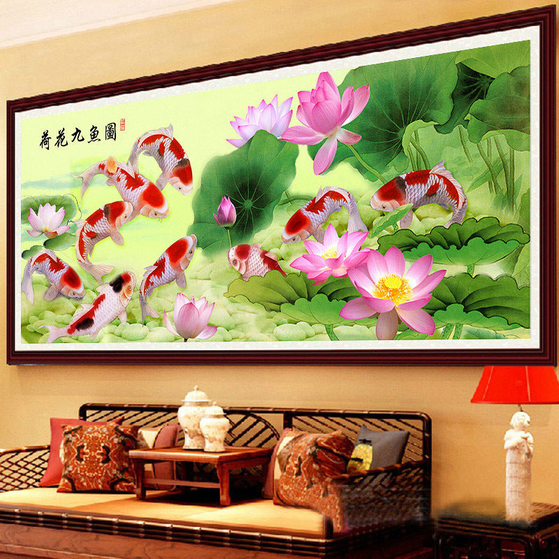60X150CM - Nine Fish Among Lotus DIY Product 5D Full Diamond DIY Painting NO Frame Full Drill
