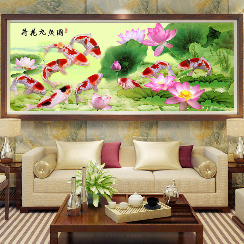 60X150CM - Nine Fish Among Lotus DIY Product 5D Full Diamond DIY Painting NO Frame Full Drill