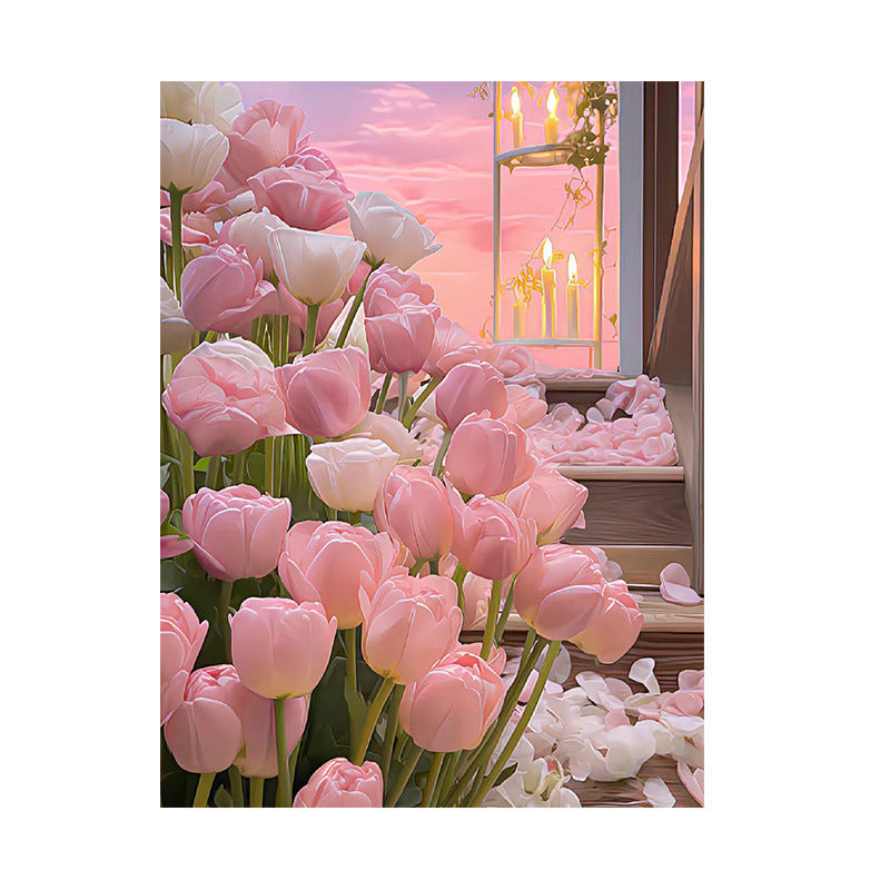 53X66cm Candlelight tulip  Cross Stitch Kits 11CT Stamped Full Range of Embroidery Starter Kit for Beginners Pre-Printed Pattern