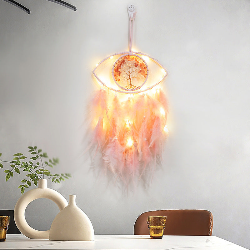 Feather Dream Catcher LED Fairy Lights Circular Net for Wall Hanging Decor