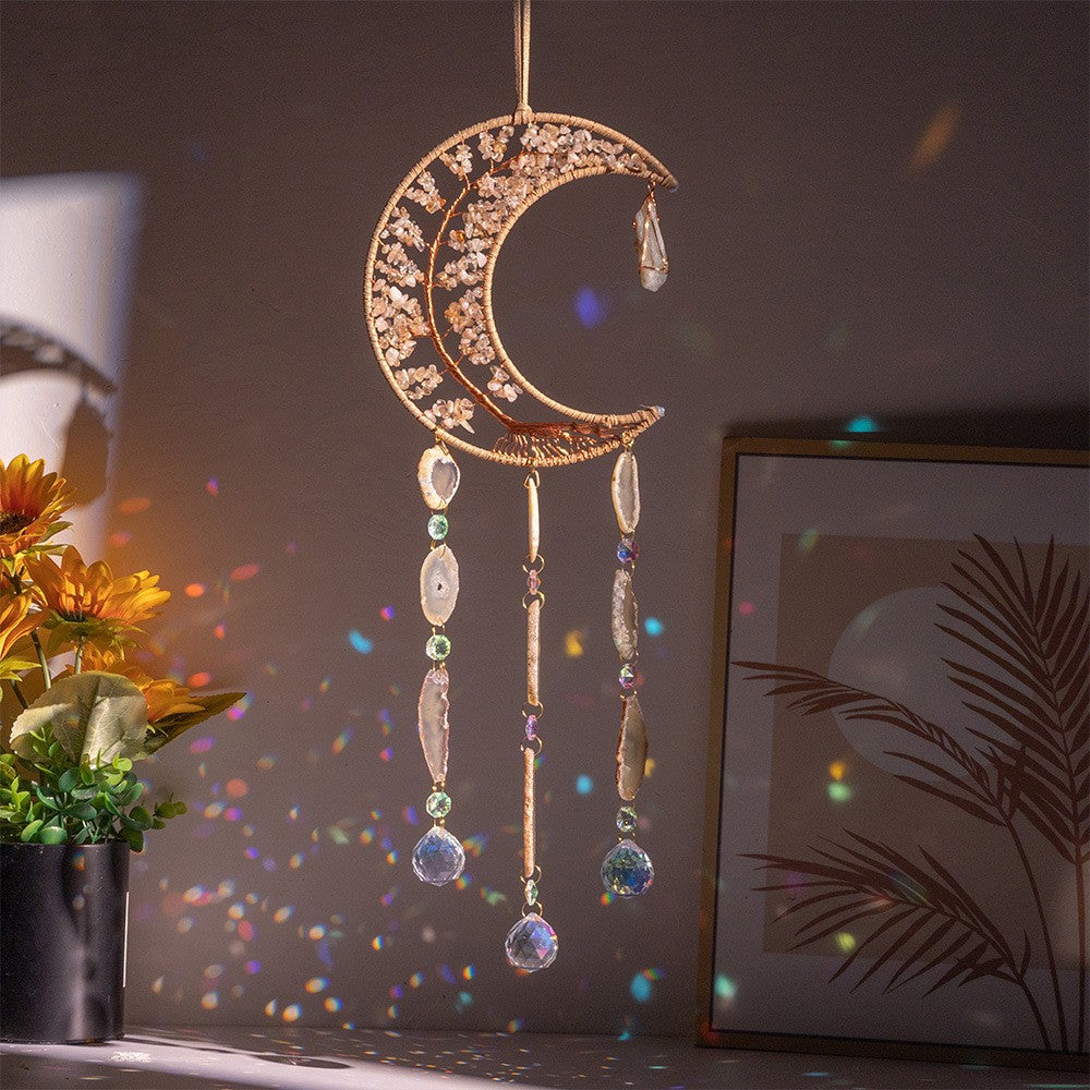 Moon Dream Catcher Crystal and Natural Gemstone Agate Stone Pendants Wind Chime