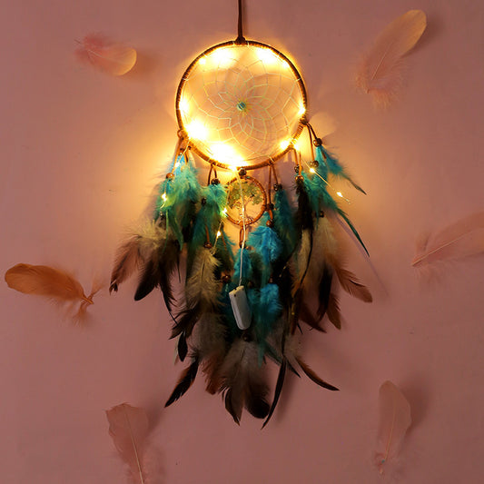 Feather Dream Catcher LED Fairy Lights Circular Net for Wall Hanging Decor