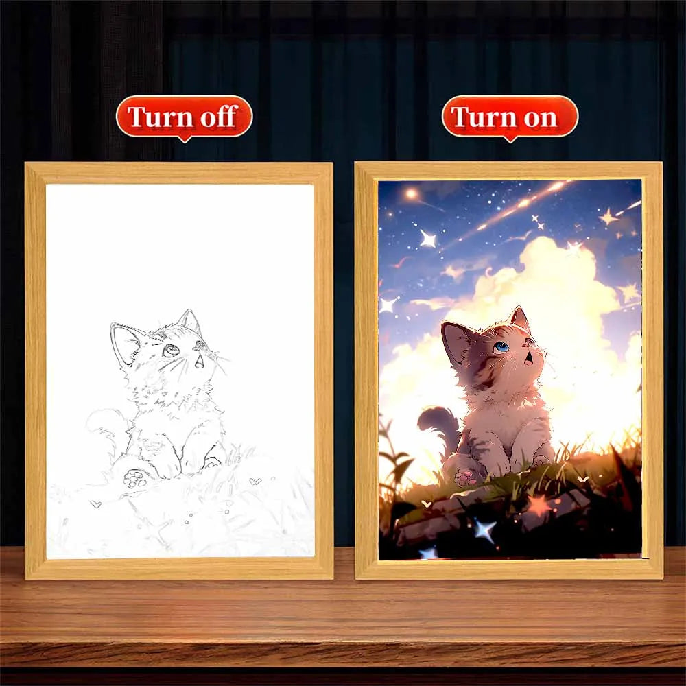 Cute Cat LED Light Painting With Frame Luminous Painting Three Color Dimming