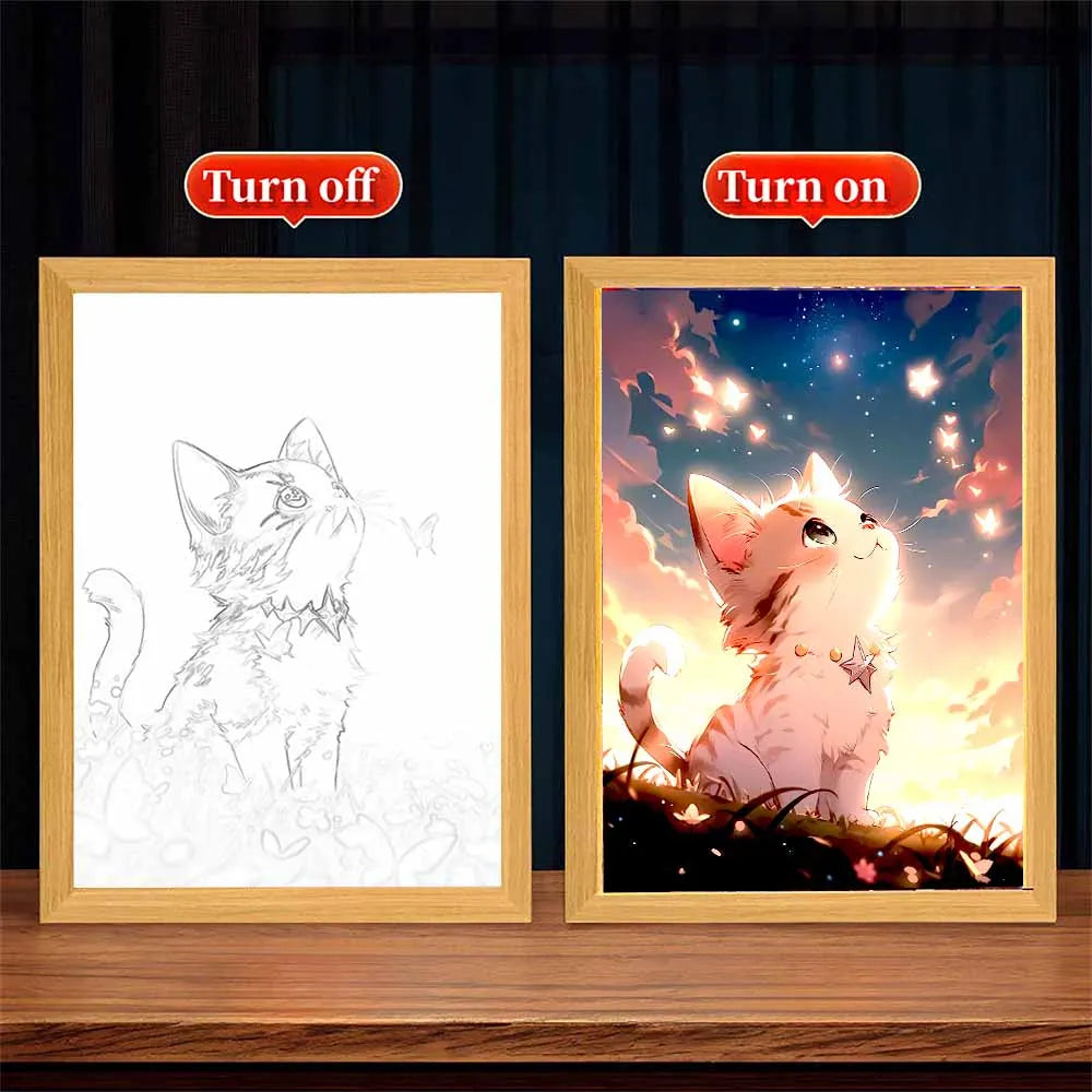 Cute Cat LED Light Painting With Frame Luminous Painting Three Color Dimming