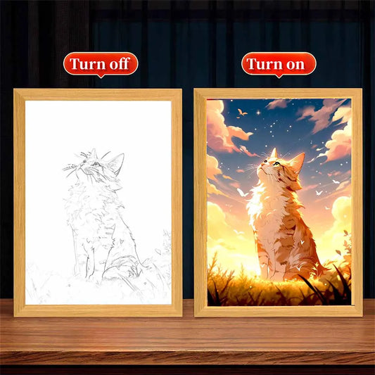 Cute Cat LED Light Painting With Frame Luminous Painting Three Color Dimming