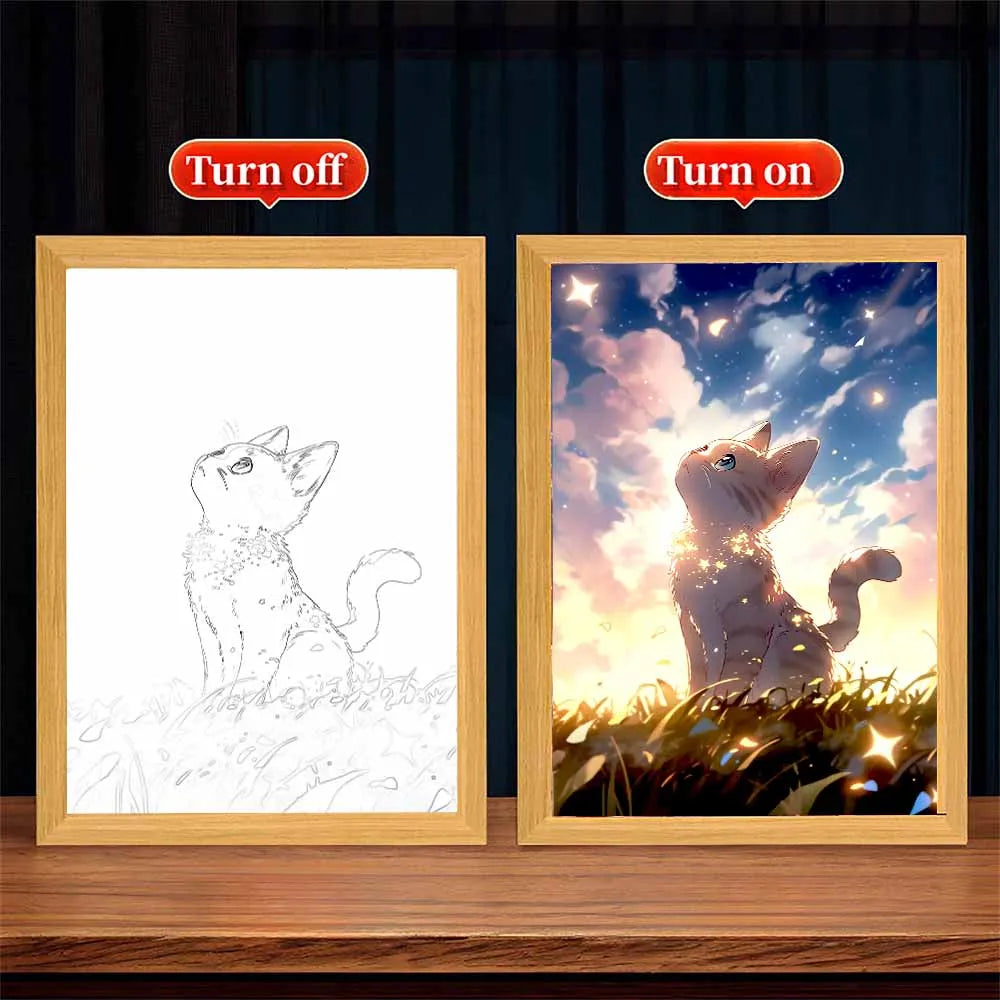 Cute Cat LED Light Painting With Frame Luminous Painting Three Color Dimming