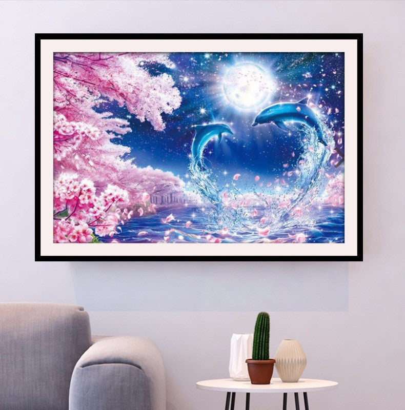 50x70CM-dophins cheery blossom- DIY 5D full Diamond Painting NO FRAME M1081