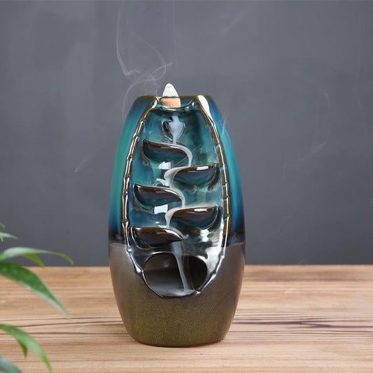 Ceramic Backflow Incense Holder Waterfall Incense Burner, with 120 Backflow Incense Cones, Aromatherapy Ornament Home Decor