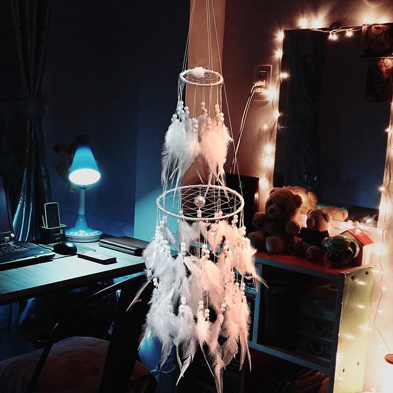 Handmade Dream Catcher With Light Room Decor Feather Weaving Wind Chimes Religious Mascot