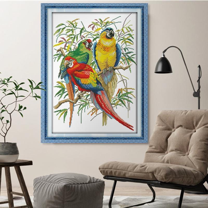 48*66cm Cross Stitch Kits 11CT Stamped Full Range of Embroidery Starter Kit for Beginners Pre-Printed Pattern-parrot