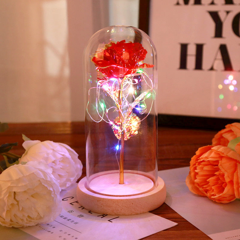 Log Base Rose In Glass Dome with LED Home Wedding Decoration Birthday Valentine's Day Gift Mother 's Gift