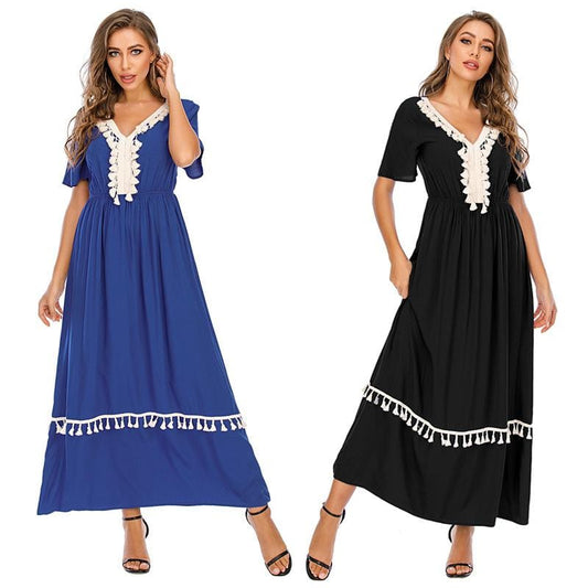 Women's Dress V Neck Tassel A-line silhouette waist Long Dress