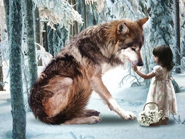 70x50CM Wolf&girl Full Diamond Painting NO Frame Round diamond