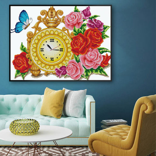 50x45cm clock design-Cross Stitch Kits 11CT Stamped  Full Range of Embroidery Starter Kit for Beginners Pre-Printed Pattern