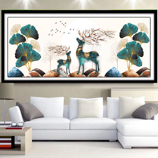 150x60CM  Ginkgo biloba Deer Cross Stitch Kits 11CT Stamped Full Range of Embroidery Starter Kit for Beginners Pre-Printed Pattern