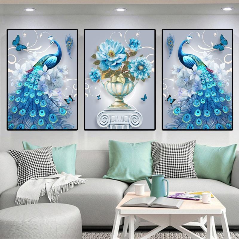 135x60CM 3PCS blue peacock 5D Full Diamond Painting NO FRAME A9225