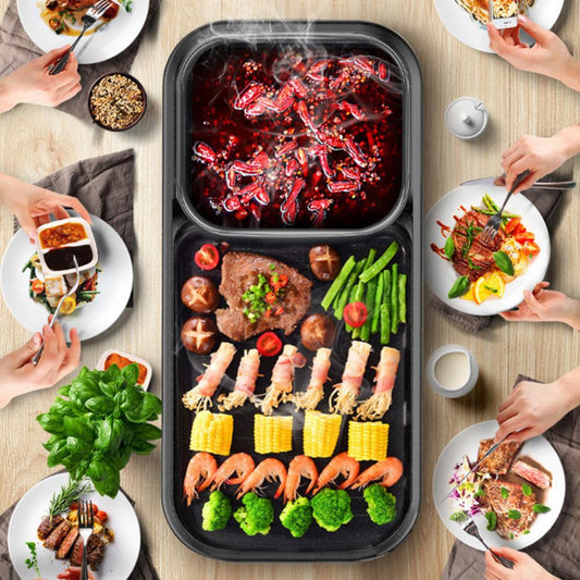 ❥❥❥SHIP FROM DUBAI  Electric Grill with Hotpot with 5Pcs Barbecue Papers and a Silicone Brush of Non-Stick Indoor Grill 2 in 1 Smokeless Grill for Family Party