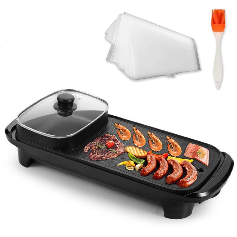 ❥❥❥SHIP FROM DUBAI  Electric Grill with Hotpot with 5Pcs Barbecue Papers and a Silicone Brush of Non-Stick Indoor Grill 2 in 1 Smokeless Grill for Family Party