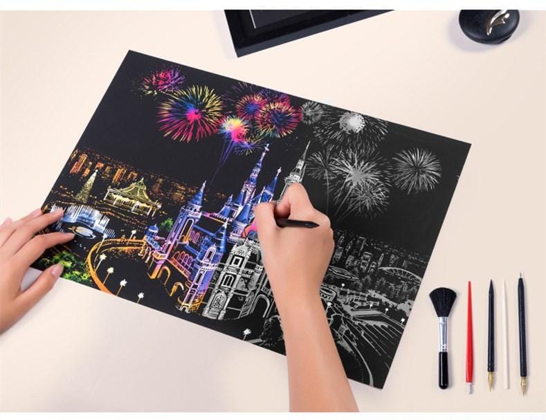 Scratch Art Paper Painting Sketch Scratch Painting Creative Gift Scratch Board for Adult and Kids with 5 Tools-Dream Castle