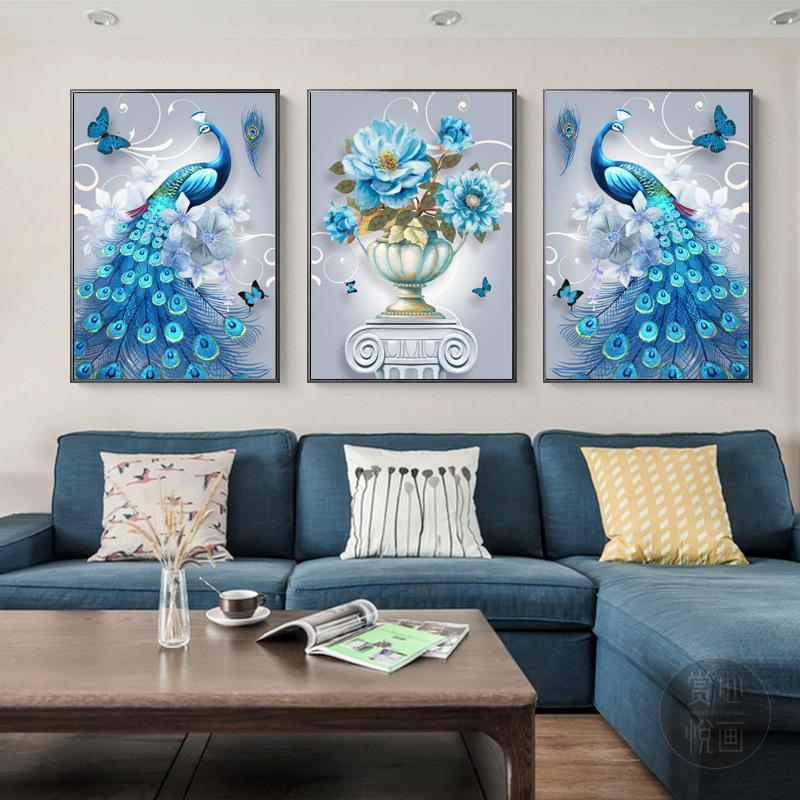 135x60CM 3PCS blue peacock 5D Full Diamond Painting NO FRAME A9225