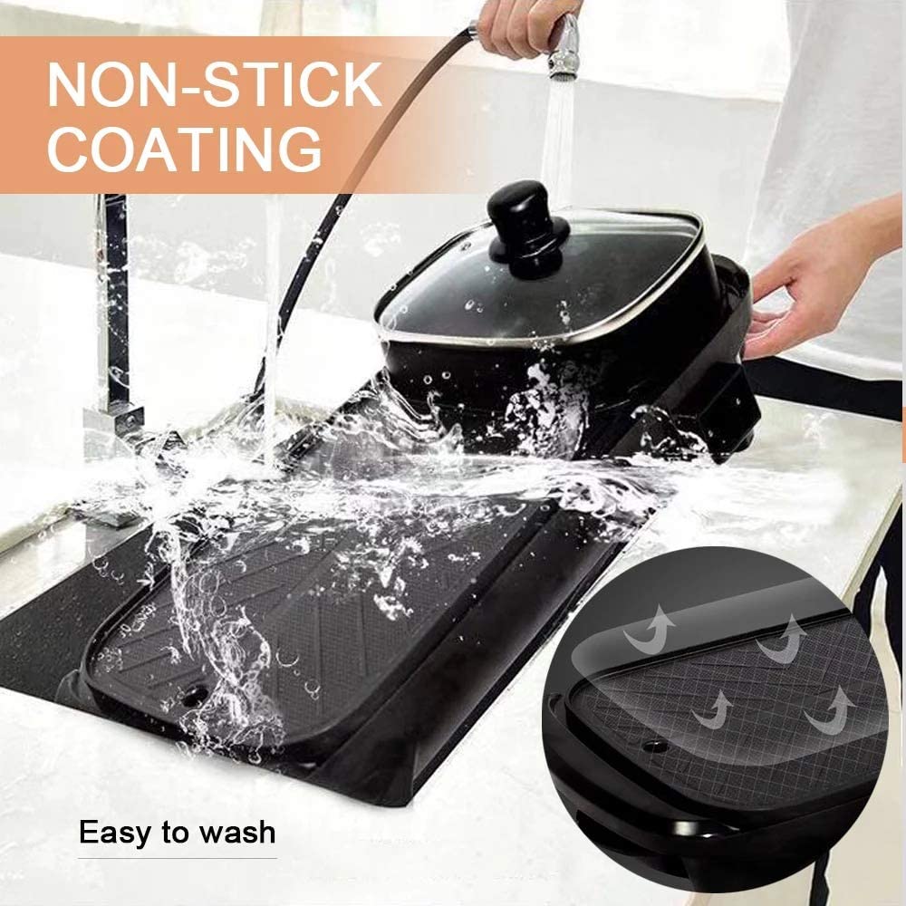 ❥❥❥SHIP FROM DUBAI  Electric Grill with Hotpot with 5Pcs Barbecue Papers and a Silicone Brush of Non-Stick Indoor Grill 2 in 1 Smokeless Grill for Family Party