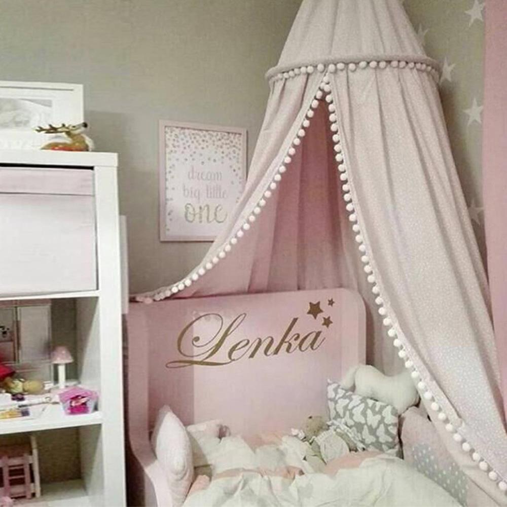 Cotton Bed Canopy with Pom Pom for Kids Room Hanging Nook Castle Tent Nursery Play Decor for Baby