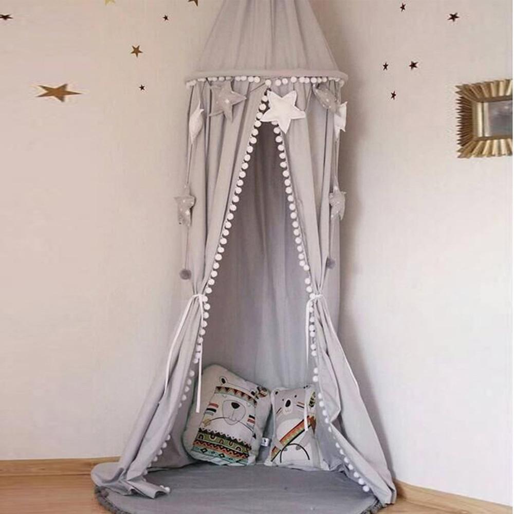 Cotton Bed Canopy with Pom Pom for Kids Room Hanging Nook Castle Tent Nursery Play Decor for Baby