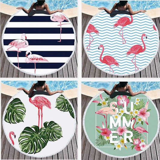 Round printed sand towel microfiber and tassel feel Flamingo