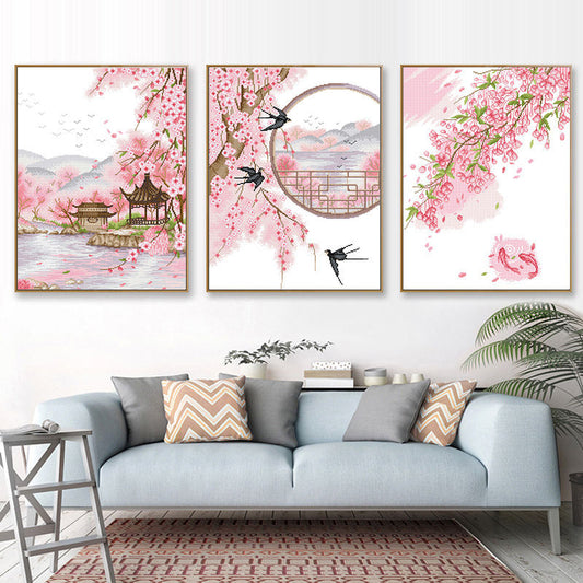 150x63cm Peach blossom swallow Cross Stitch Kits 9CT Stamped  Full Range of Embroidery Starter Kit for Beginners Pre-Printed Pattern