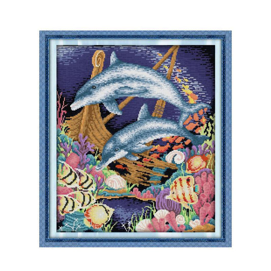 52X60CM Dolphin  3 strands 11CT Stamped Cross Stitch Full Range of Embroidery Starter Kit for Beginners Pre-Printed Patterns