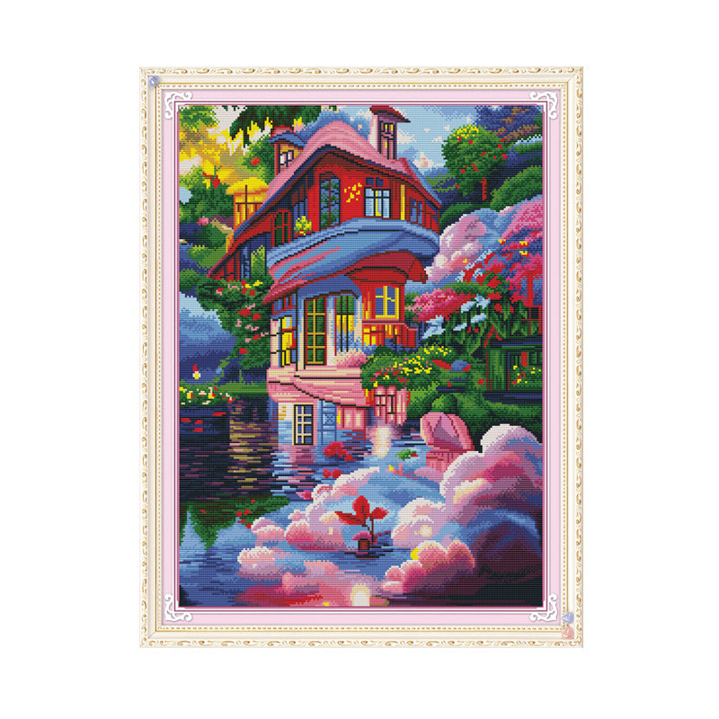 53x70cm Pink Dream House  Cross Stitch Kits 11CT Stamped Full Range of Embroidery Starter Kit for Beginners Pre-Printed Pattern