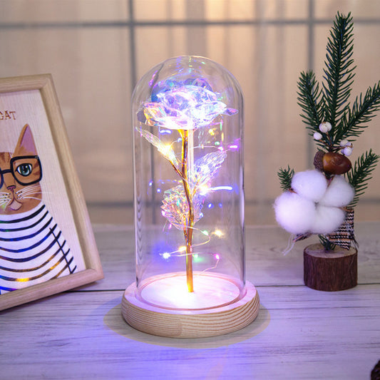 Log Base Rose In Glass Dome with LED Home Wedding Decoration Birthday Valentine's Day Gift Mother 's Gift