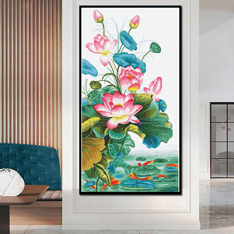 66x120cm Big Lotus 3 strands 11CT Stamped Cross Stitch Full Range of Embroidery Starter Kit for Beginners Pre-Printed Pattern