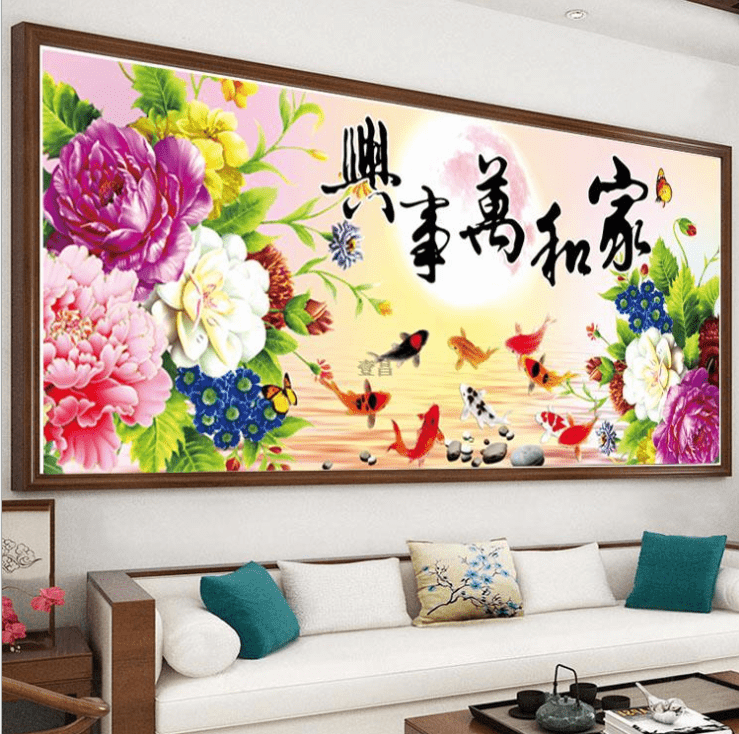 149x66cm Peony and Nine Fish Cross Stitch Kits 11CT Stamped Full Range of Embroidery Starter Kit for Beginners Pre-Printed Pattern