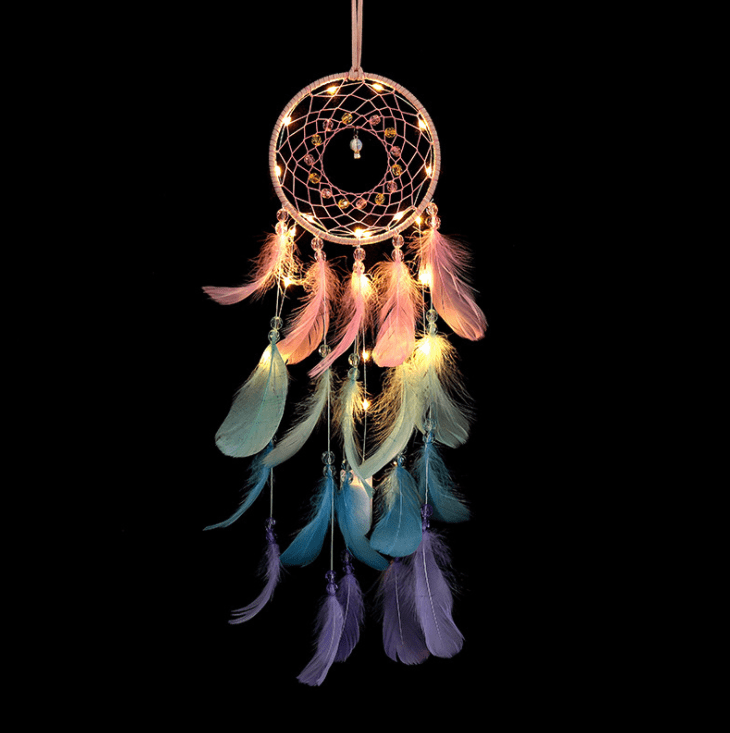 Handmade Dream Catcher With Light Room Decor Feather Weaving Wind Chimes Religious Mascot