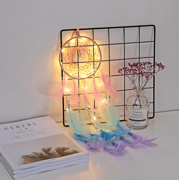 Handmade Dream Catcher With Light Room Decor Feather Weaving Wind Chimes Religious Mascot