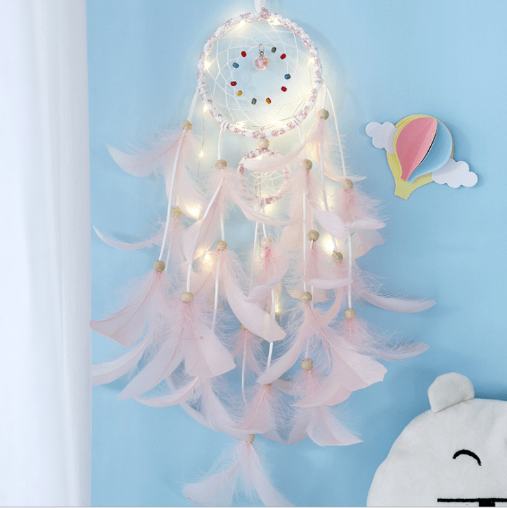 Handmade Dream Catcher With Light Room Decor Feather Weaving Wind Chimes Religious Mascot