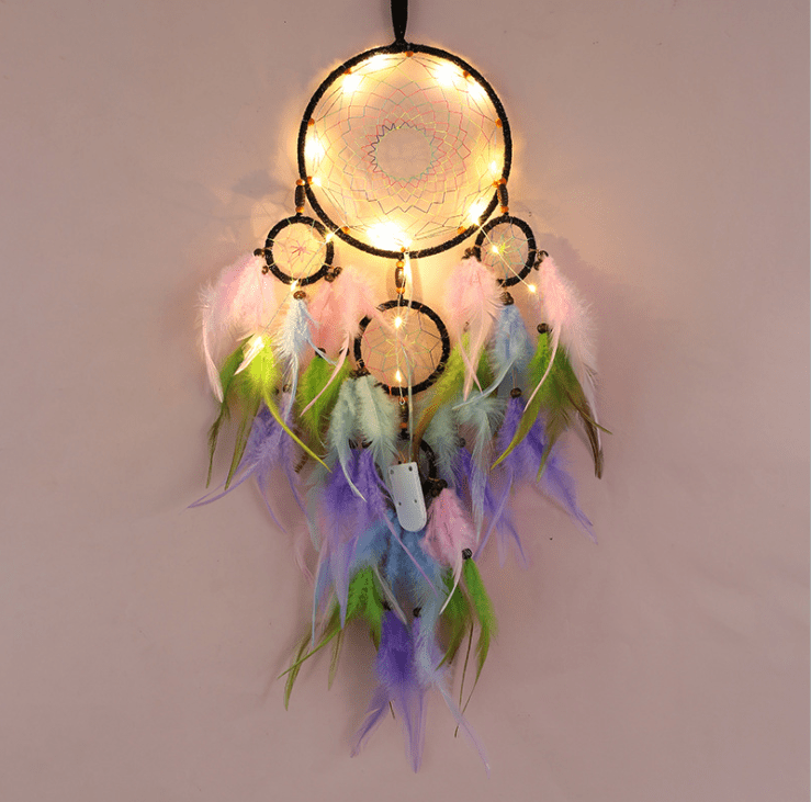 Handmade Dream Catcher With Light Room Decor Feather Weaving Wind Chimes Religious Mascot