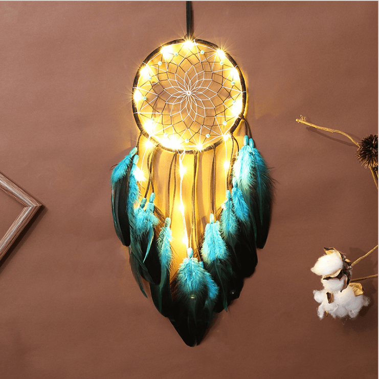 Handmade Dream Catcher With Light Room Decor Feather Weaving Wind Chimes Religious Mascot