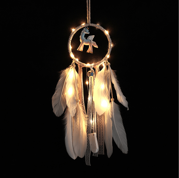 Handmade Dream Catcher With Light Room Decor Feather Weaving Wind Chimes Religious Mascot