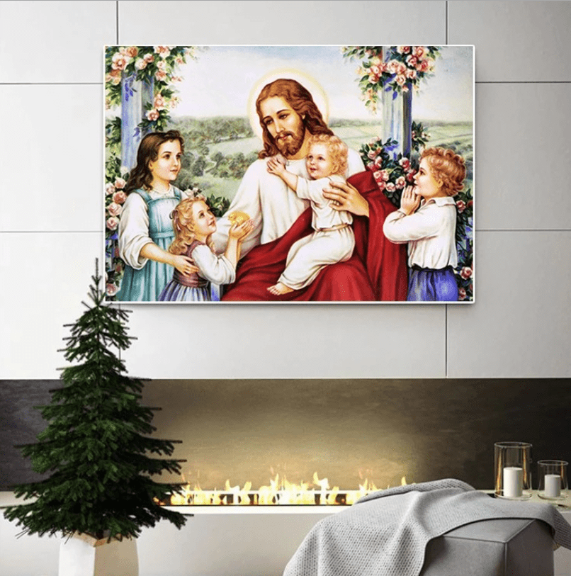 60x40cm Jesus and the children Cross Stitch Kits 11CT Stamped Full Range of Embroidery Starter Kit for Beginners Pre-Printed Pattern