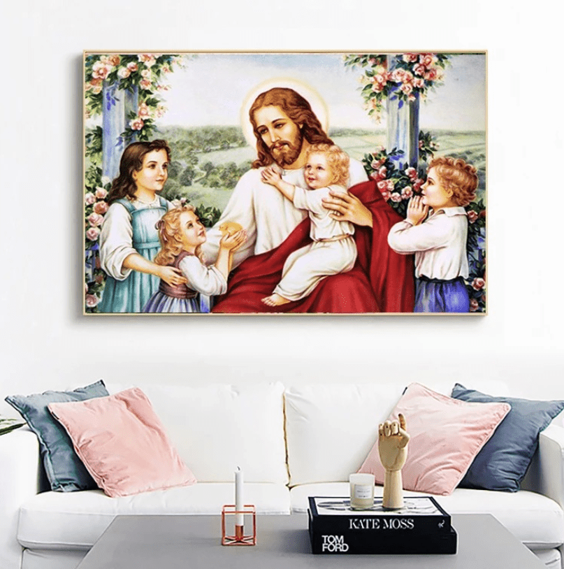 60x40cm Jesus and the children Cross Stitch Kits 11CT Stamped Full Range of Embroidery Starter Kit for Beginners Pre-Printed Pattern