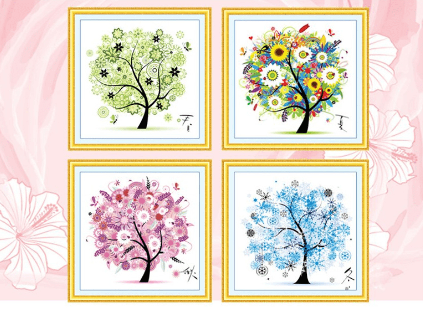 4pcs Four seasons Cross Stitch Kits 11CT Stamped Full Range of Embroidery Starter Kit for Beginners Pre-Printed Pattern